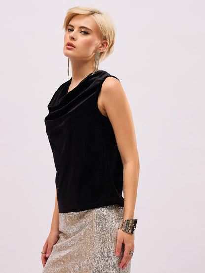 Black Velvet Cowl Neck Sleeveless Top