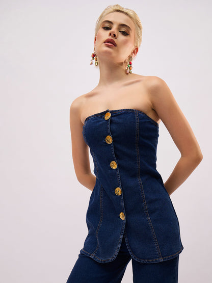 Navy Blue Denim Button Down Tube Top