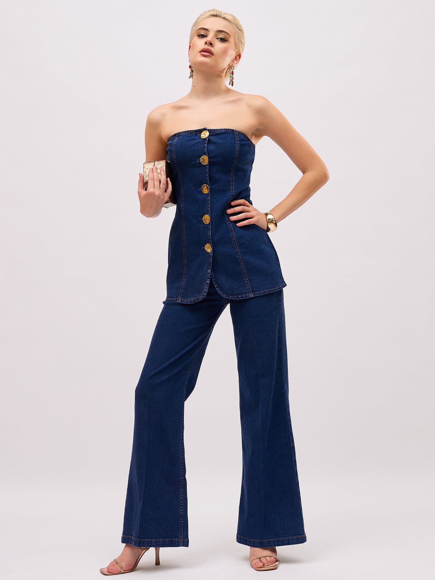 Navy Blue Denim Button Down Tube Top
