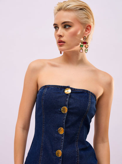 Navy Blue Denim Button Down Tube Top