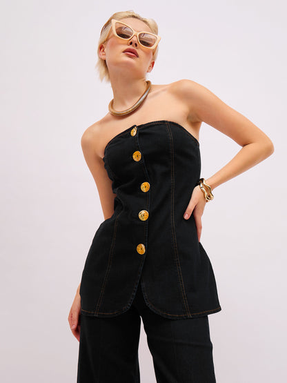 Jet Black Denim Button Down Tube Top