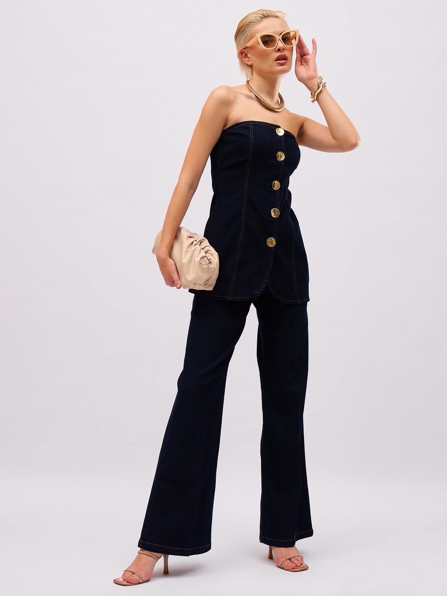 Jet Black Denim Button Down Tube Top