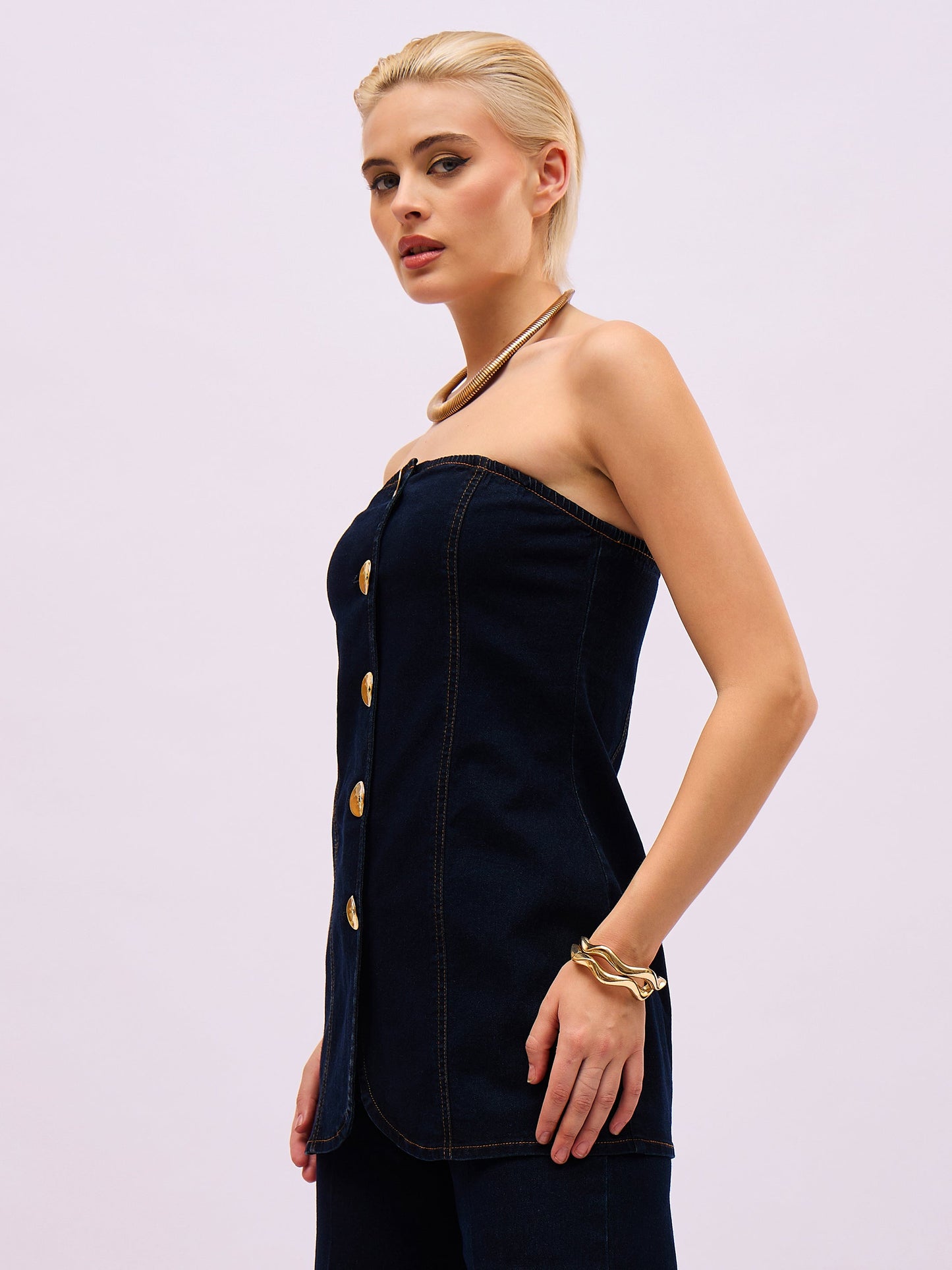 Jet Black Denim Button Down Tube Top