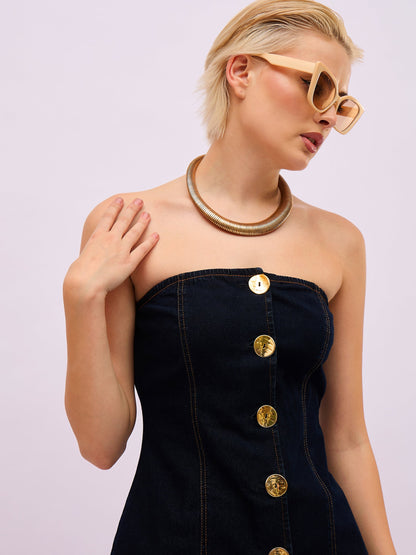 Jet Black Denim Button Down Tube Top