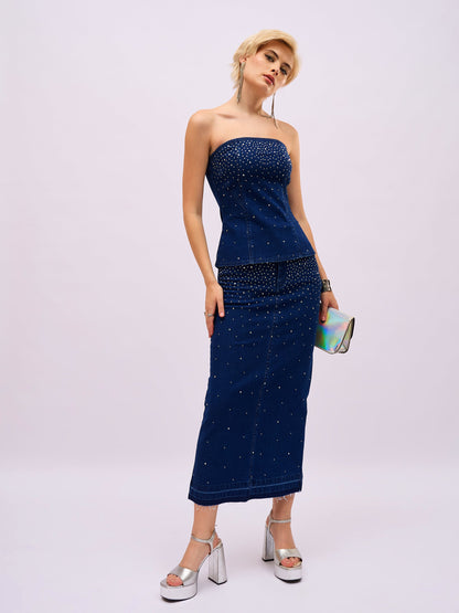 Blue Washed Front Stud Work Detail Tube Top