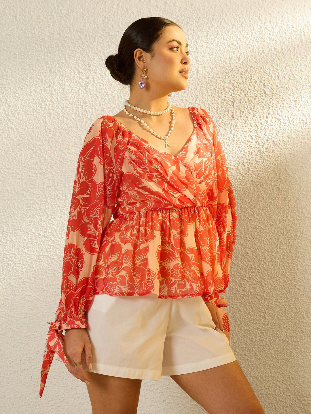 Women Orange Floral Sweetheart Neck Smocked Top