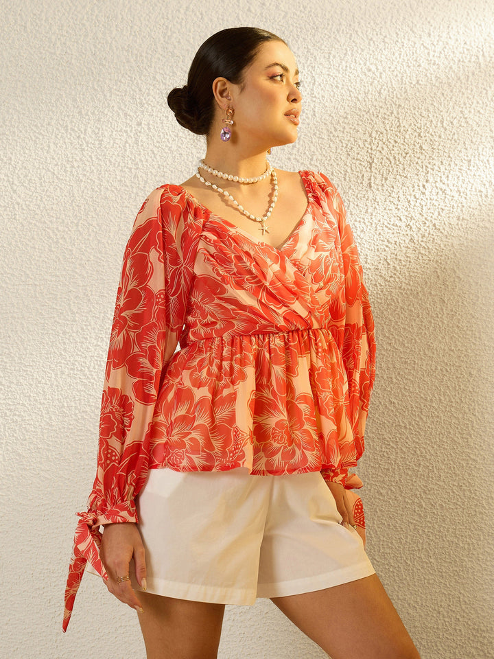 Women Orange Floral Sweetheart Neck Smocked Top