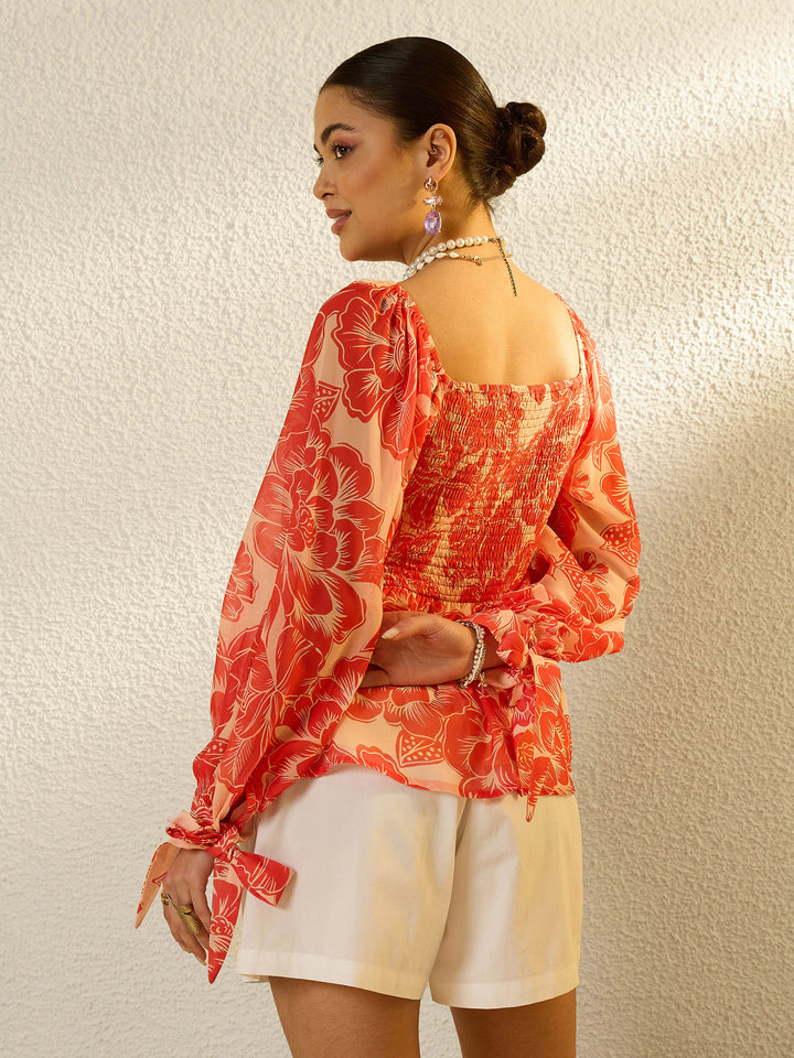 Women Orange Floral Sweetheart Neck Smocked Top