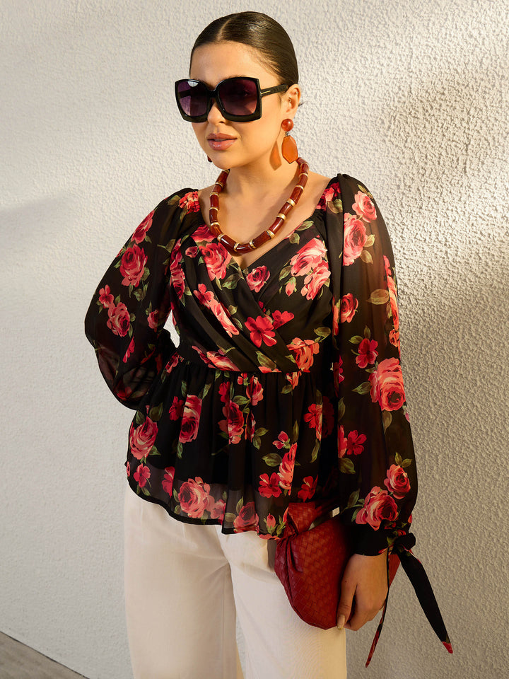 Women Black Floral Sweetheart Neck Smocked Top