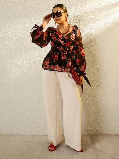 Women Black Floral Sweetheart Neck Smocked Top