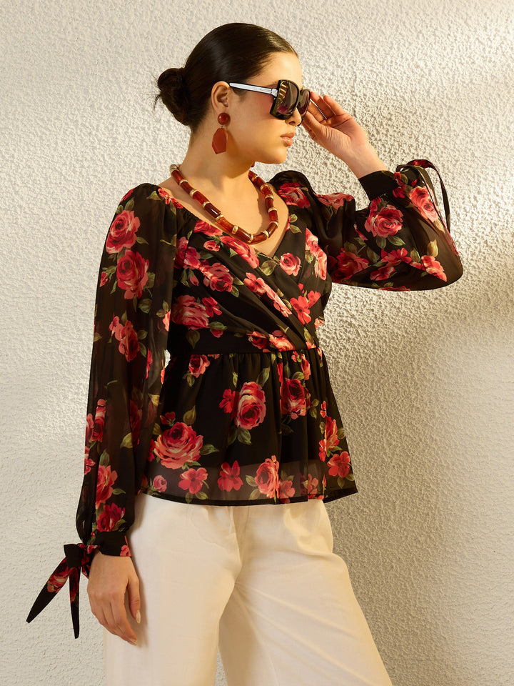 Women Black Floral Sweetheart Neck Smocked Top
