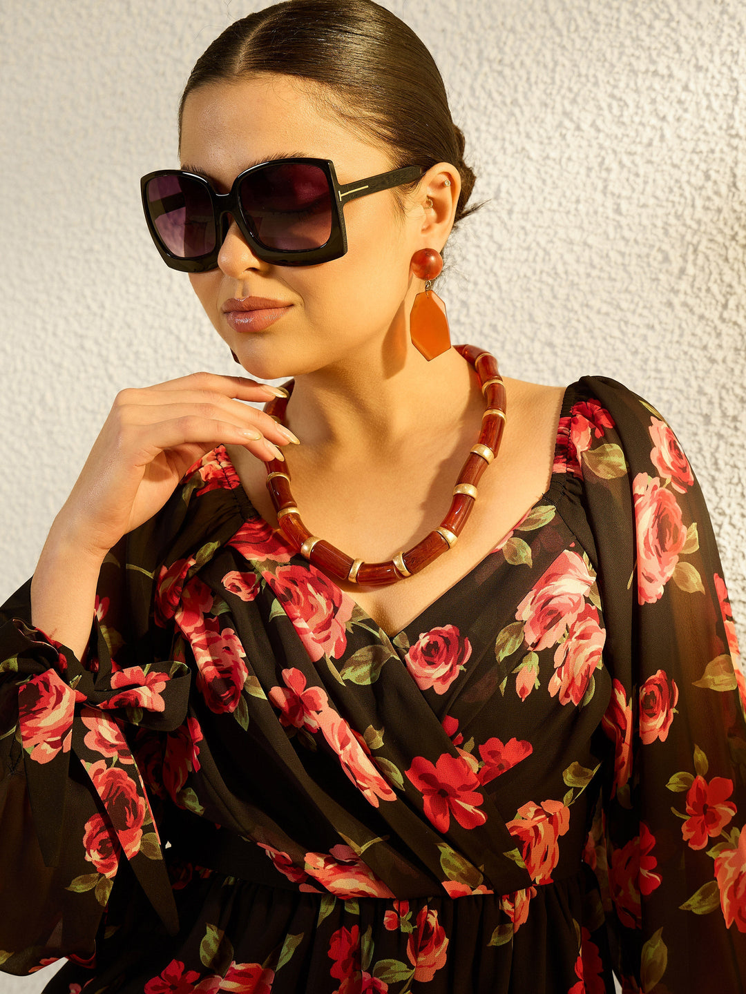 Women Black Floral Sweetheart Neck Smocked Top