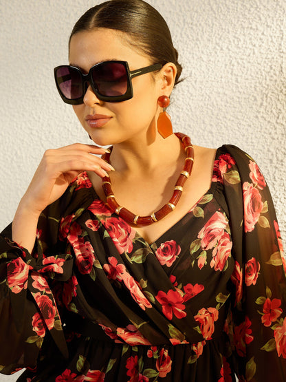 Women Black Floral Sweetheart Neck Smocked Top