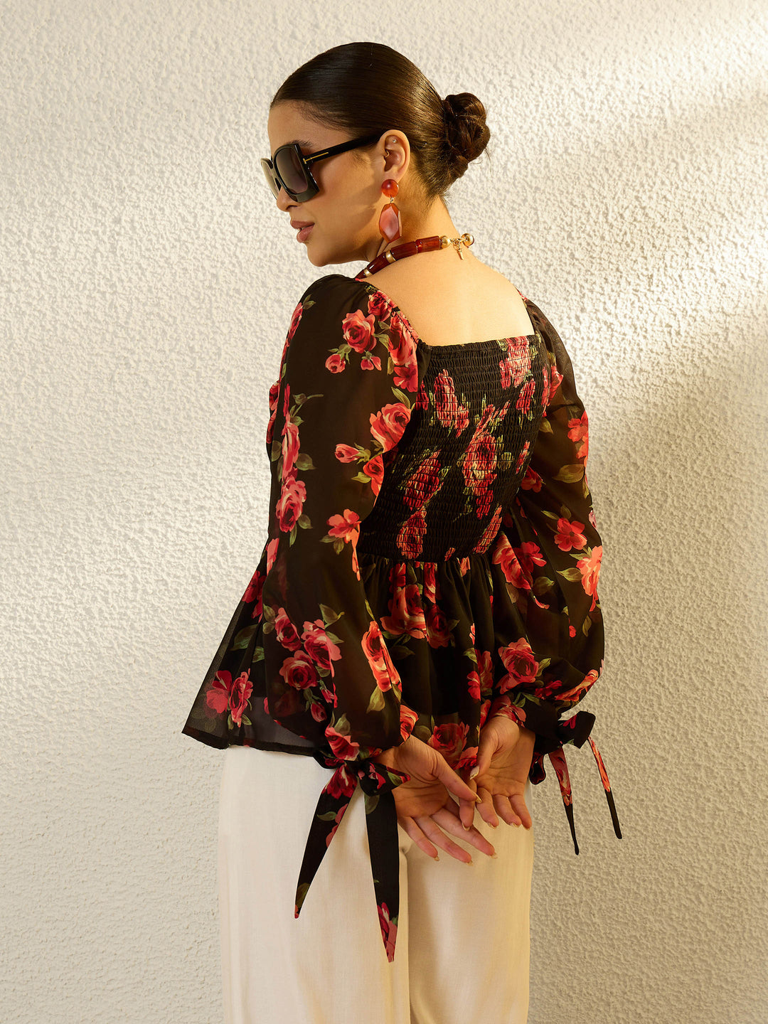 Women Black Floral Sweetheart Neck Smocked Top