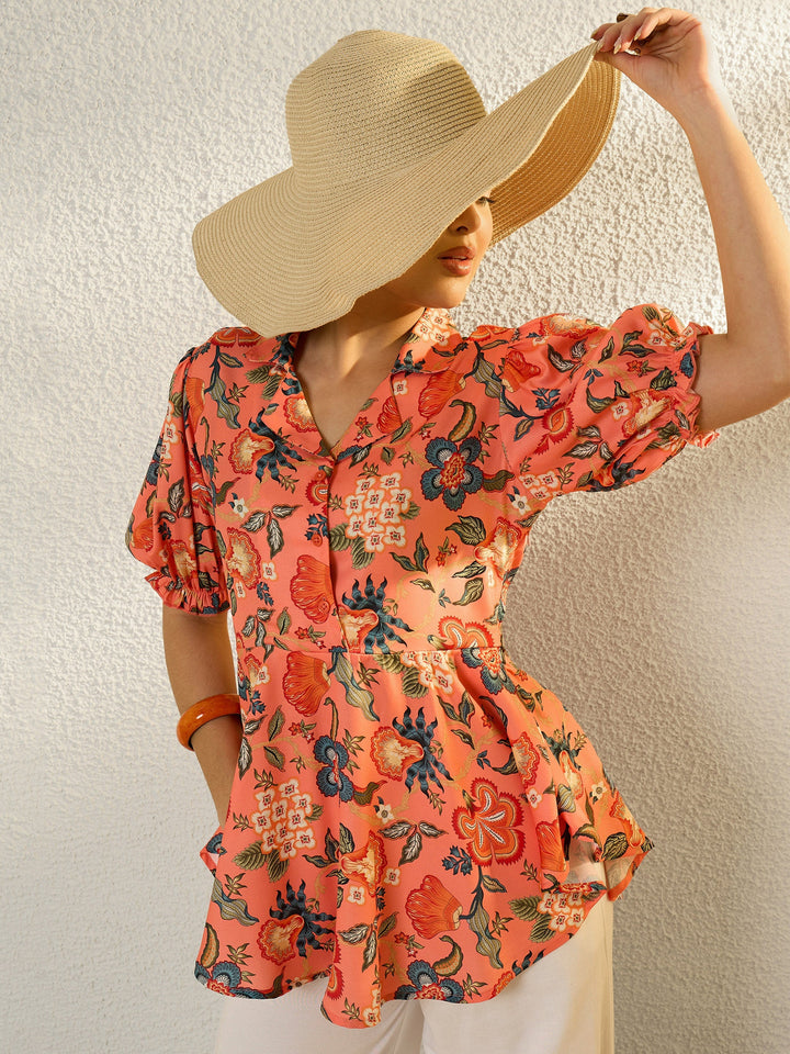 Women Orange Floral Asymmetric Hem Peplum Top