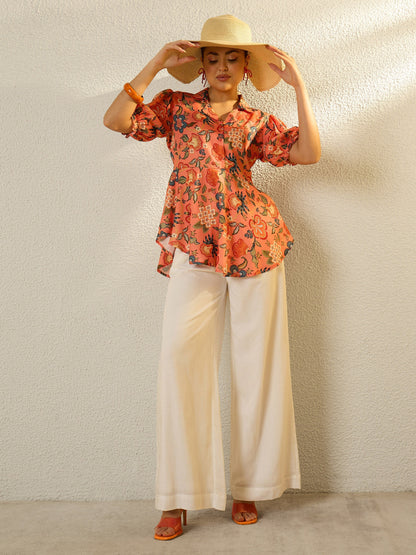 Women Orange Floral Asymmetric Hem Peplum Top