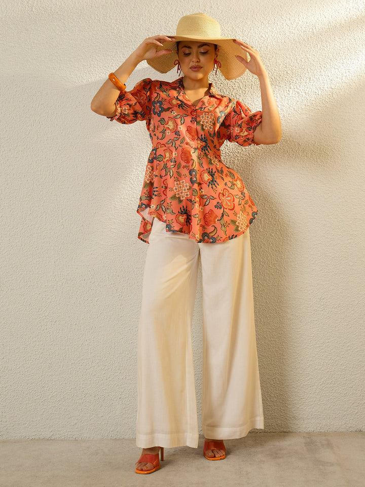 Women Orange Floral Asymmetric Hem Peplum Top