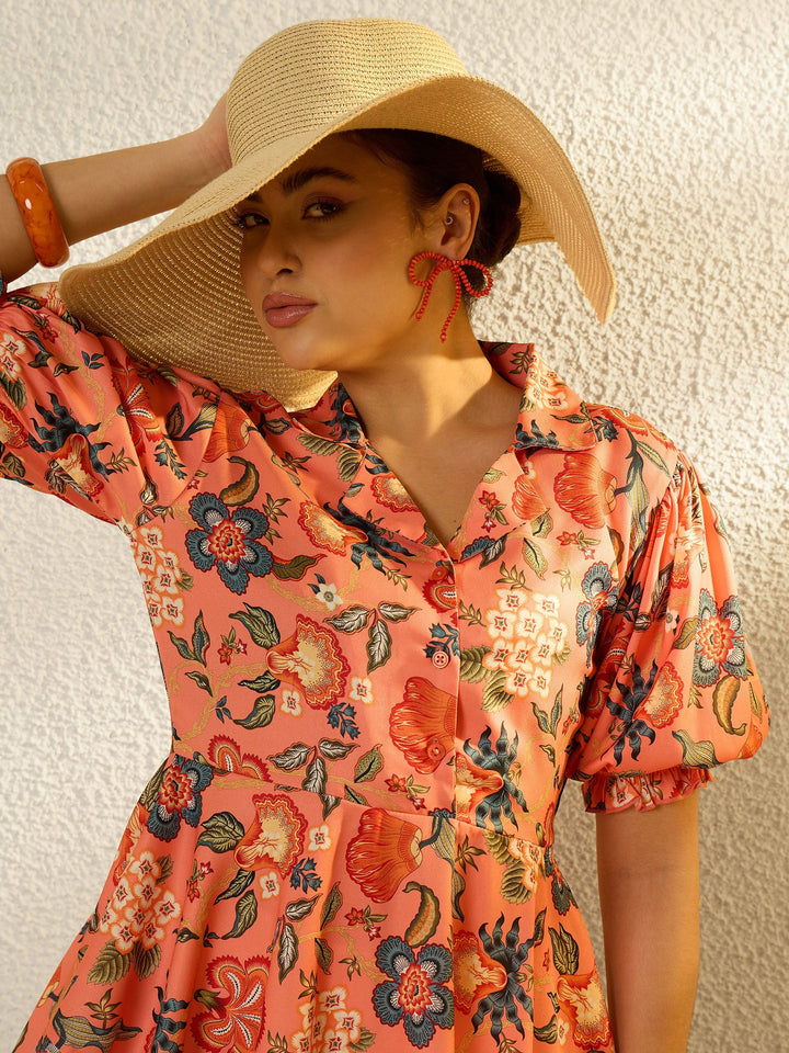Women Orange Floral Asymmetric Hem Peplum Top