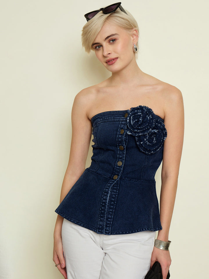Women Navy Denim Corsage Button Down Top