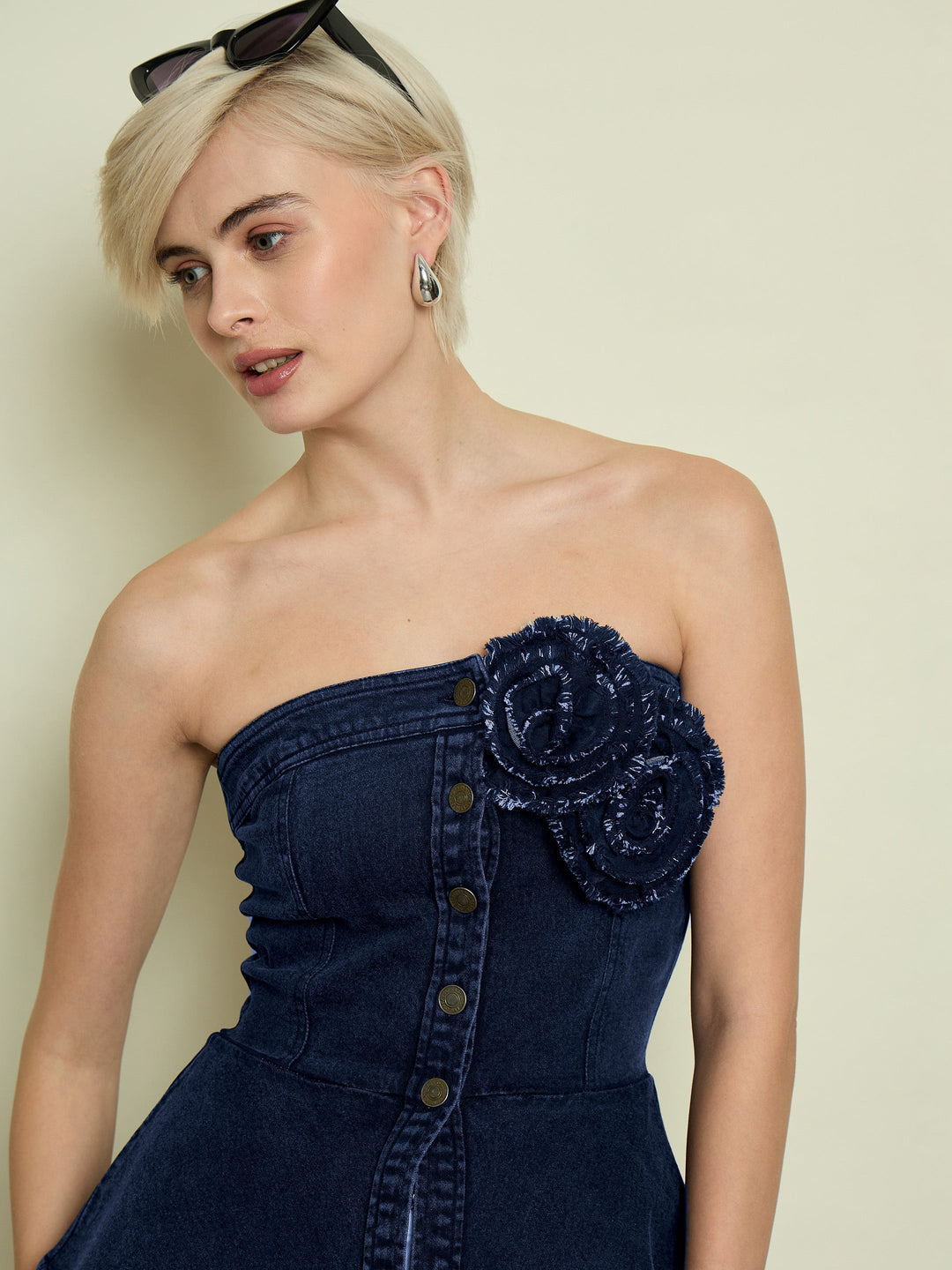 Women Navy Denim Corsage Button Down Top