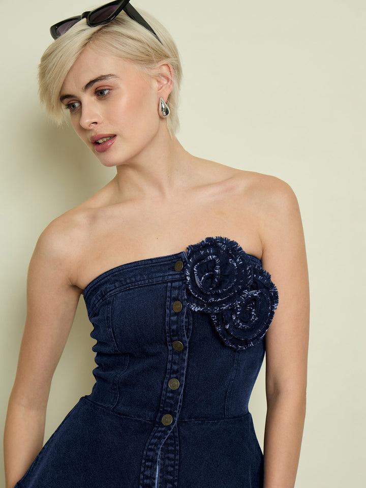 Women Navy Denim Corsage Button Down Top