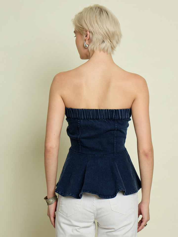 Women Navy Denim Corsage Button Down Top