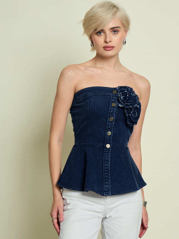 Women Navy Denim Corsage Button Down Top