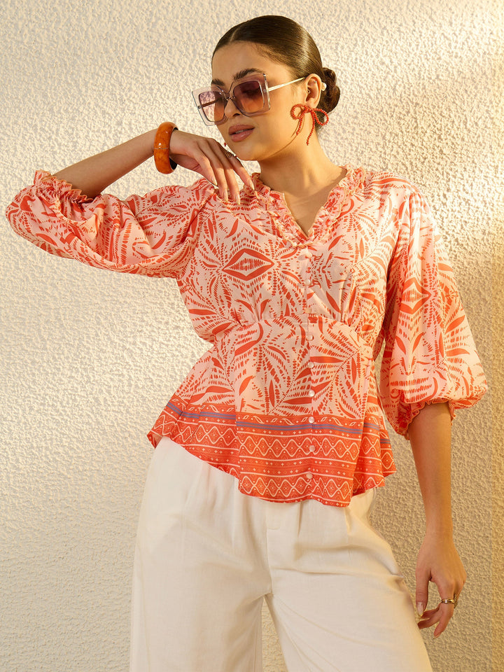 Women Orange Conversational Print V-Neck Regular Top