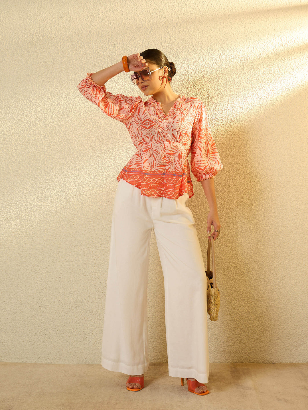 Women Orange Conversational Print V-Neck Regular Top
