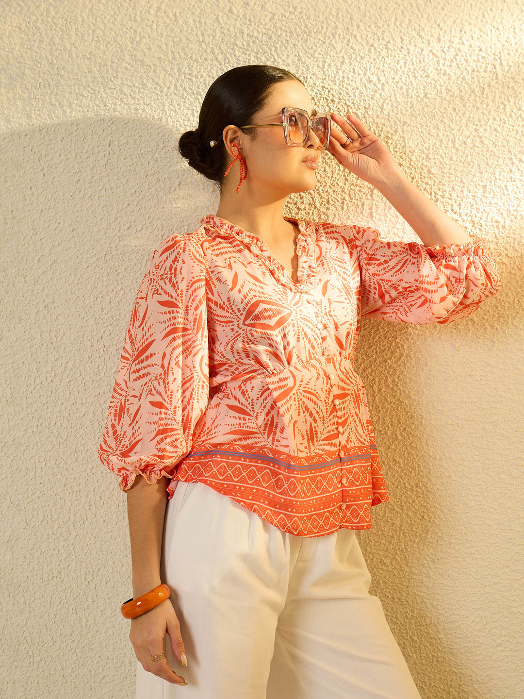 Women Orange Conversational Print V-Neck Regular Top