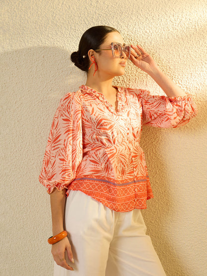 Women Orange Conversational Print V-Neck Regular Top