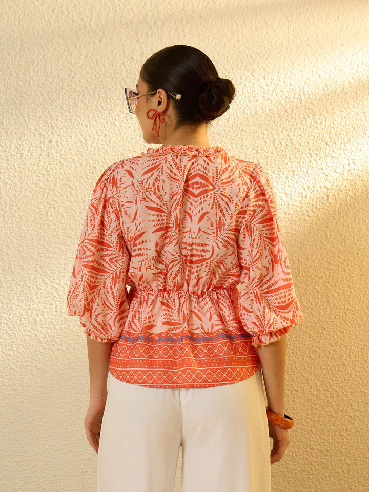 Women Orange Conversational Print V-Neck Regular Top