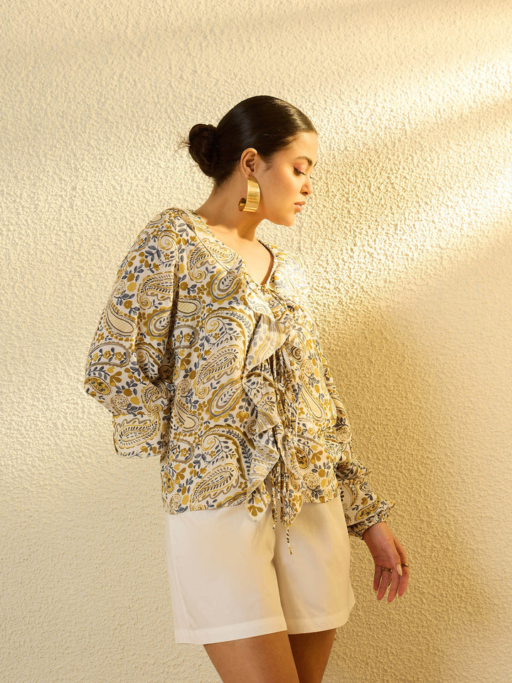 Women Mustard Paisley Ruffle Regular Top