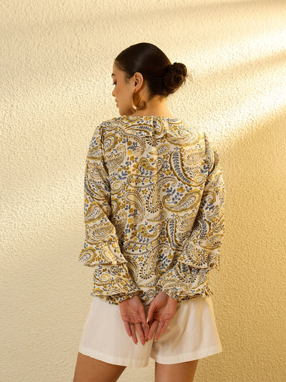 Women Mustard Paisley Ruffle Regular Top
