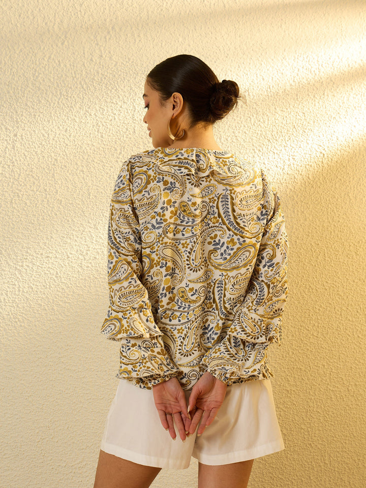 Women Mustard Paisley Ruffle Regular Top