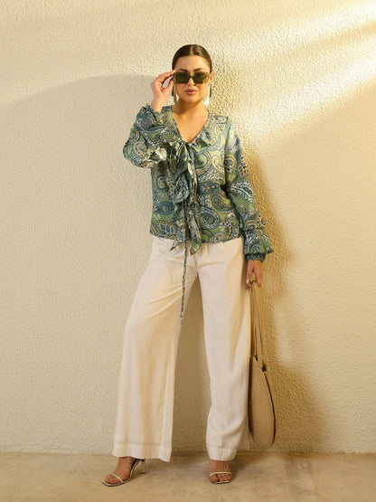 Women Green Paisley Ruffle Regular Top