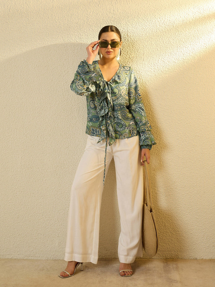 Women Green Paisley Ruffle Regular Top