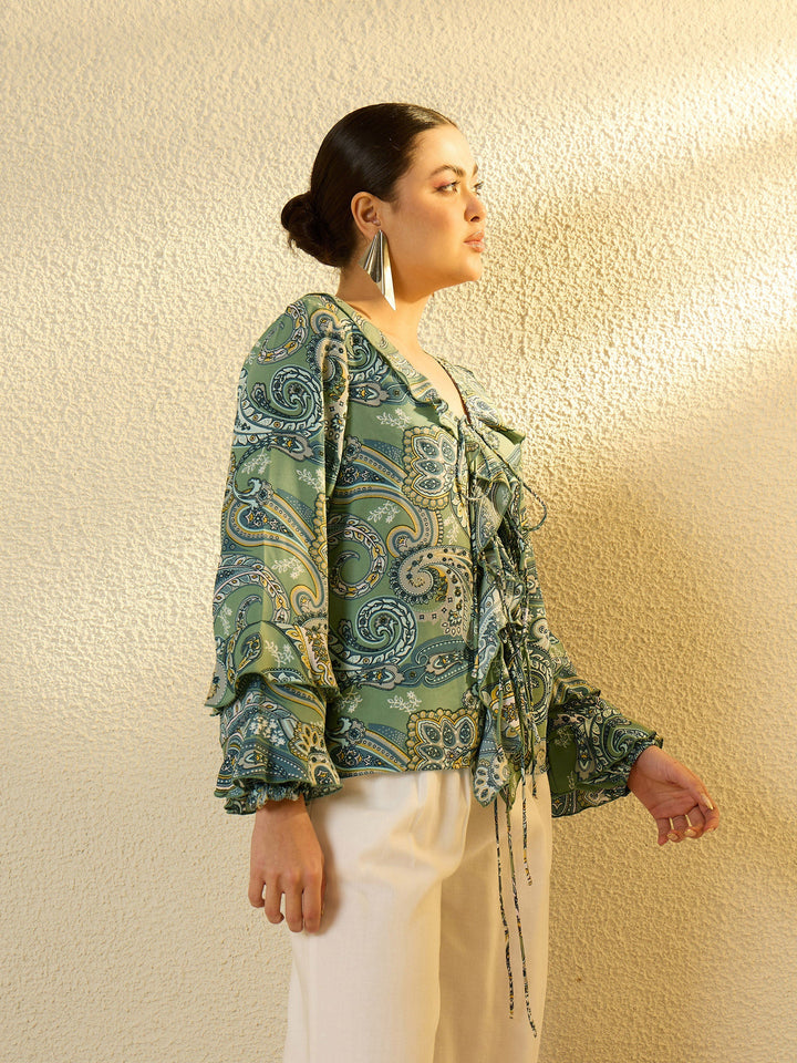 Women Green Paisley Ruffle Regular Top
