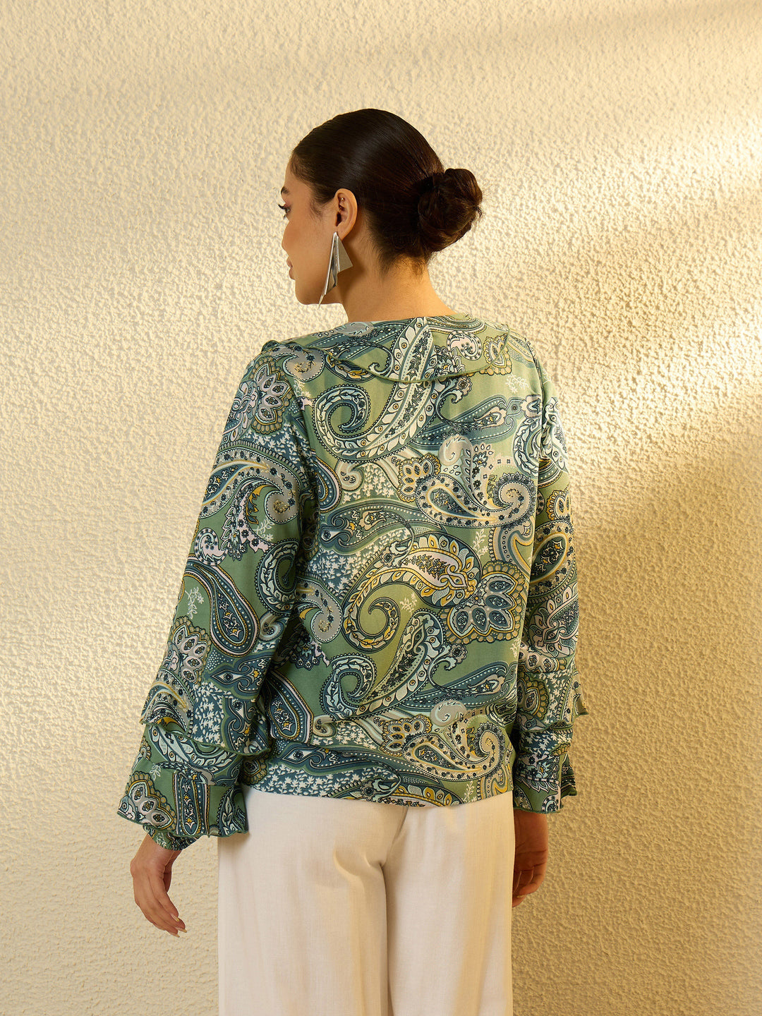 Women Green Paisley Ruffle Regular Top