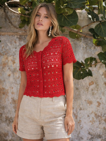 Red Round Neck Crochet Top