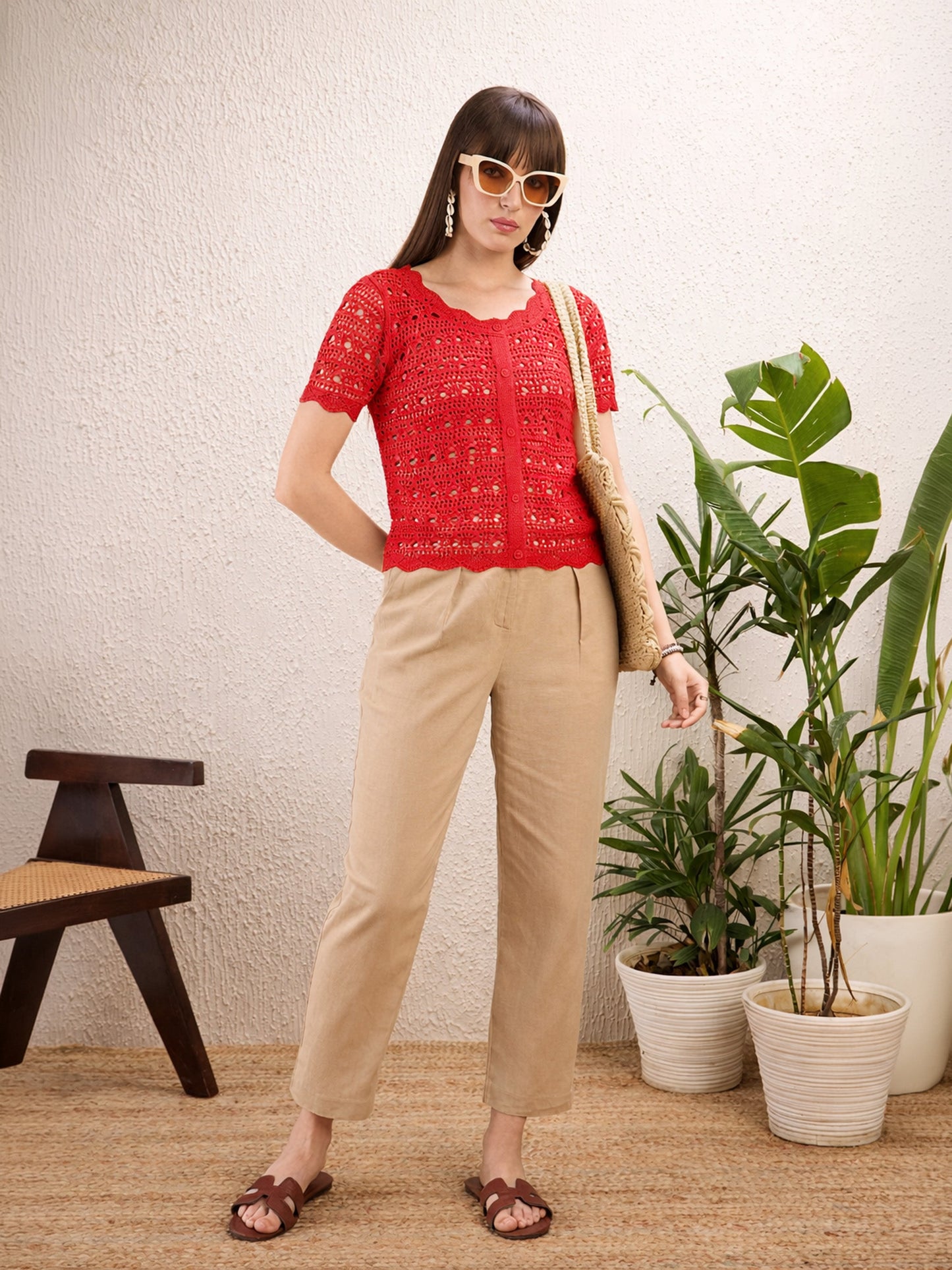 Red Round Neck Crochet Top