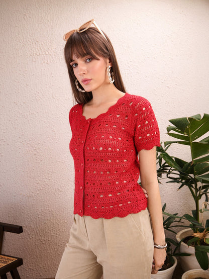 Red Round Neck Crochet Top
