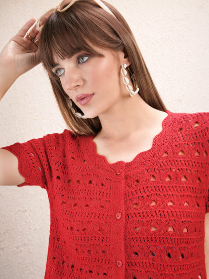 Red Round Neck Crochet Top