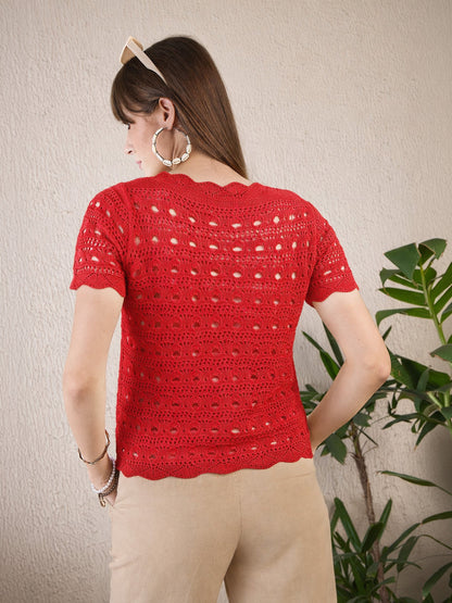 Red Round Neck Crochet Top