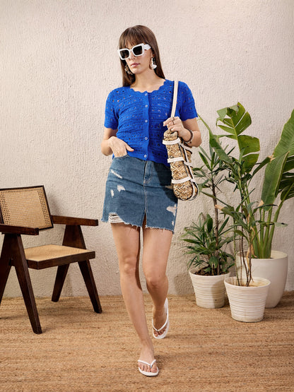 Blue Round Neck Crochet Top
