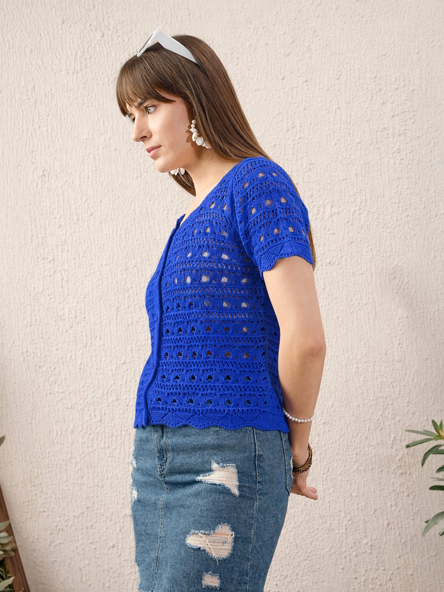 Blue Round Neck Crochet Top