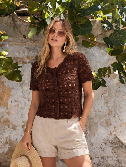 Brown Round Neck Crochet Top