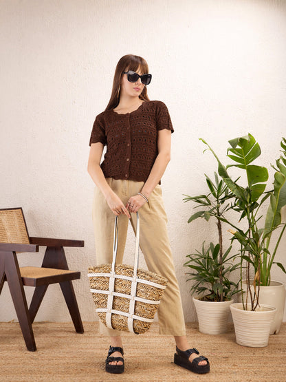 Brown Round Neck Crochet Top
