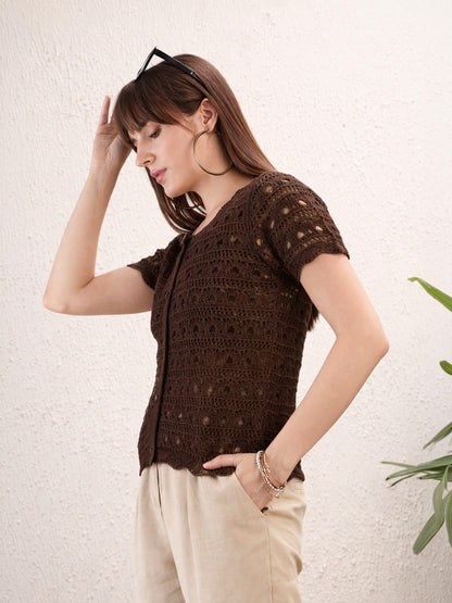 Brown Round Neck Crochet Top