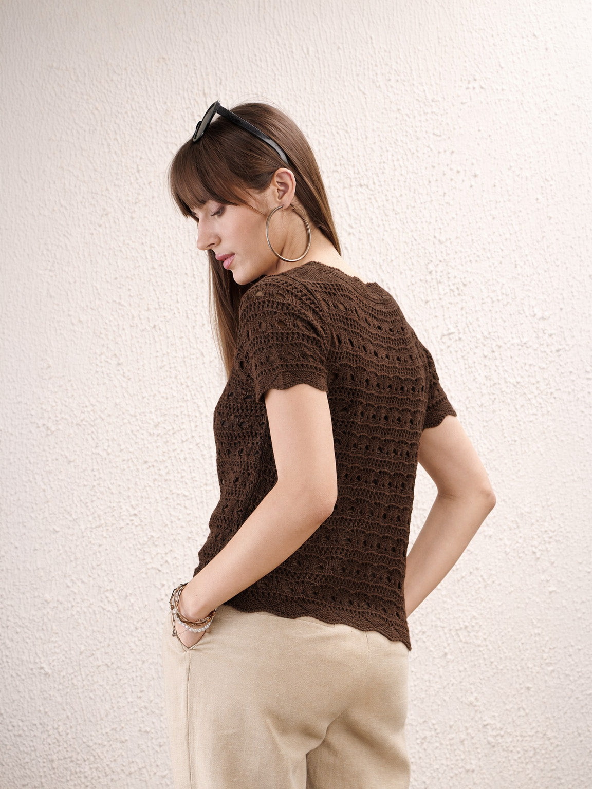 Brown Round Neck Crochet Top